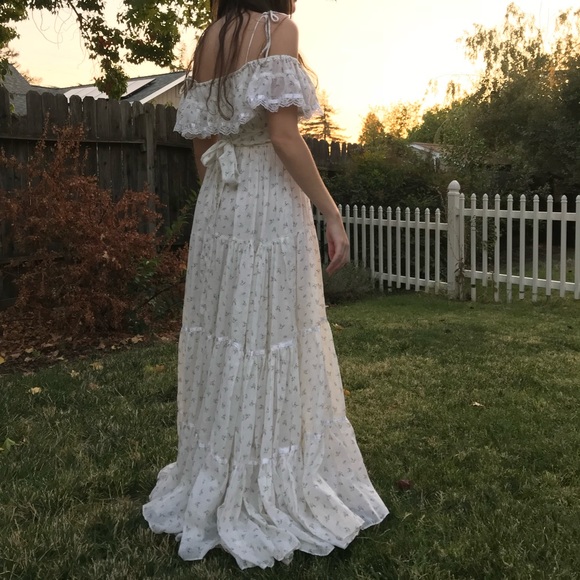 Gunne sax full length 70s dress with off the shoulder floral print Vintage - Picture 2 of 6